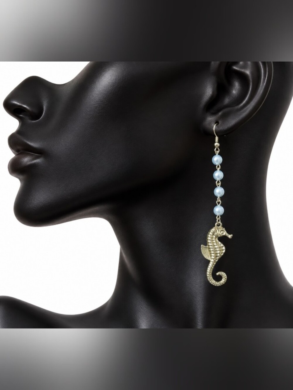 Fashion Jewelry Dangly Gold Tone White Pearl Seahorse Statement Earrings